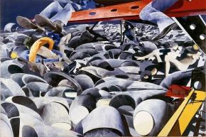Cantiere sulla spiaggia - 1972, olio su tela, cm. 200x300
